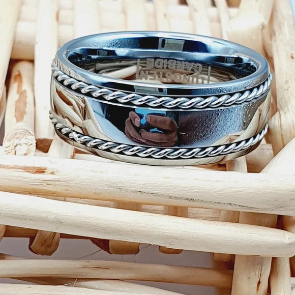 "Twisted Rope Inlay Silver Tungsten Ring for Man Woman, GALTUN801 - Picture 1 of 4